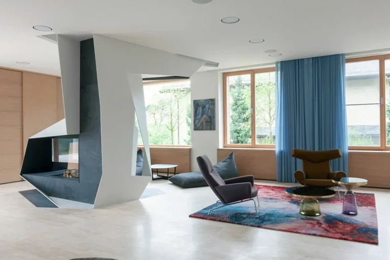 Rus 2071 House |Origami-shaped fireplace, sculptural furniture and spectacular lighting effects